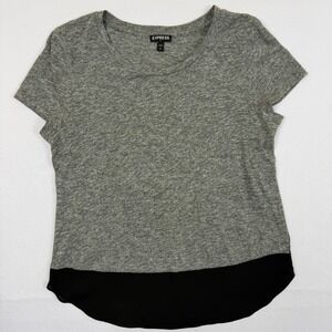 Express Womens Small Gray Heathered Mixed Media Short Sleeve Top Black Trim Hem